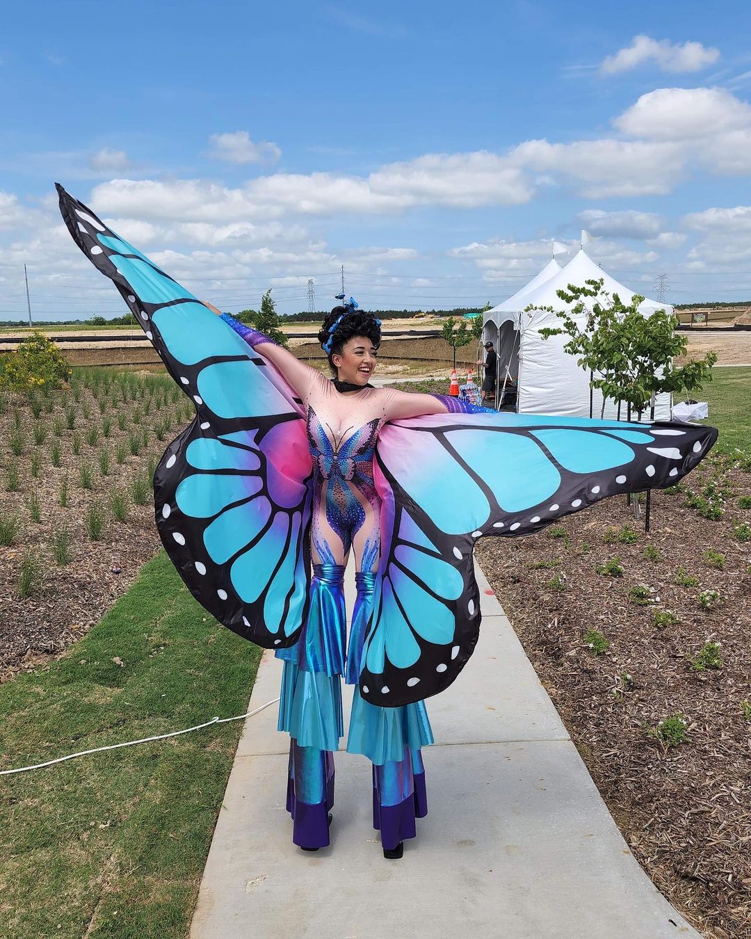 A stilt walker adorns a butterfly costume and poses